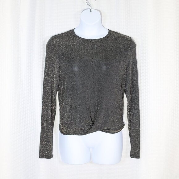 ShineStar Size L black/gold sparkle long sleeve twist front lightweight blouse - Picture 1 of 9